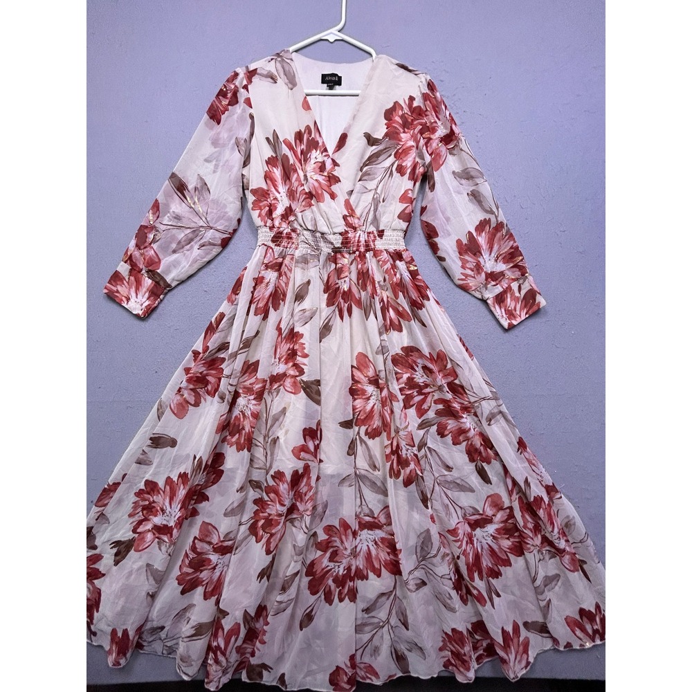 Alexa B Maxi Dress Chiffon Floral Red Gold 4P Womens